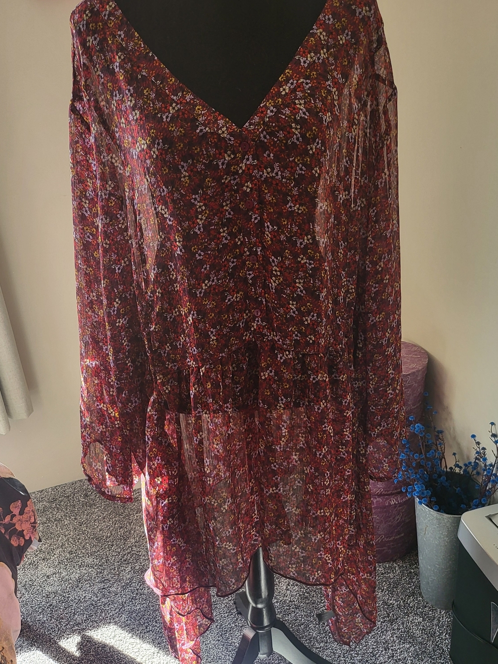 Lane Bryant Burgundy Floral V-Neck Sheer Tunic